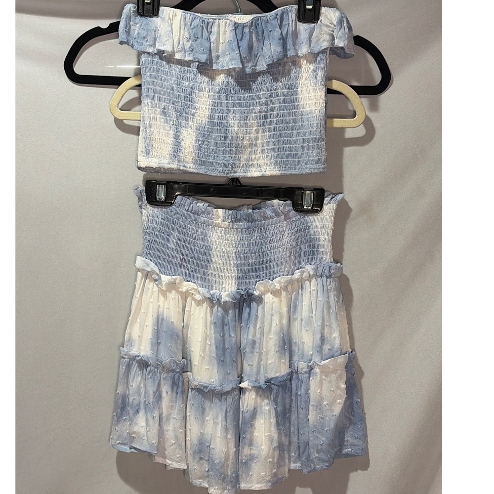 Ocean Drive Blue Tie Dye Two Piece Set Smocked Crop Top Tiered Skirt JM9208 M
